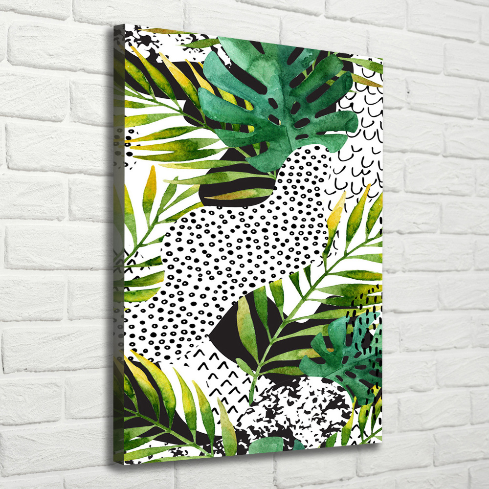 Tableau imprimé sur toile Feuilles tropicales points noirs