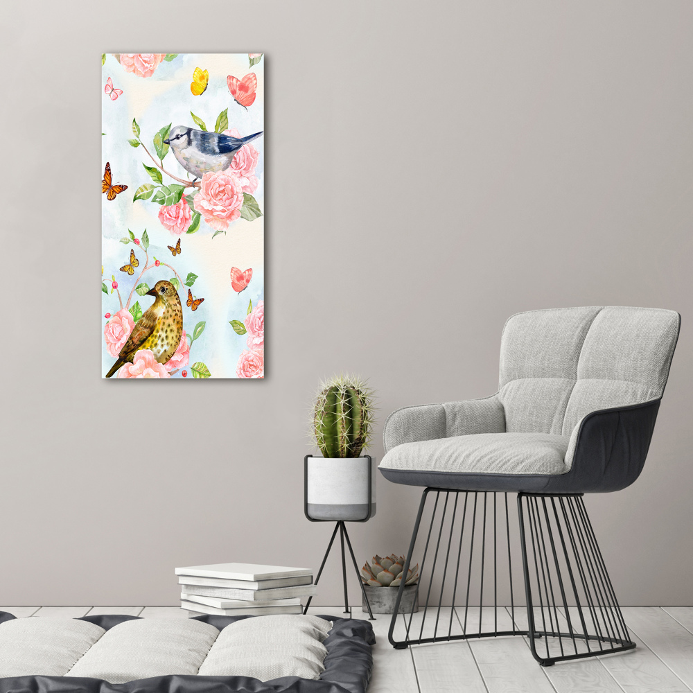 Tableau photo sur toile Oiseaux papillons fleurs