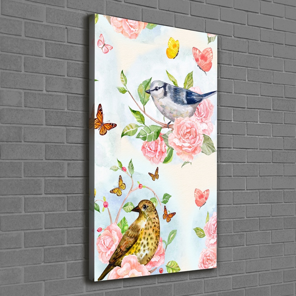 Tableau photo sur toile Oiseaux papillons fleurs