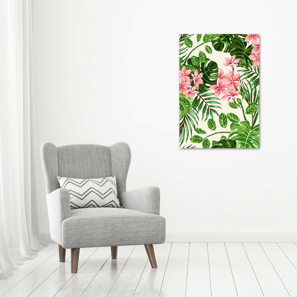 Tableau sur toile Fleurs hawaïennes roses feuilles vertes