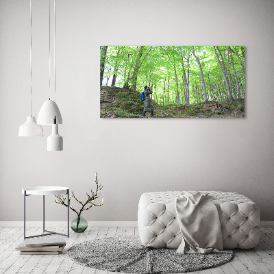 Tableau imprimé sur verre Ornithologue dans la forêt