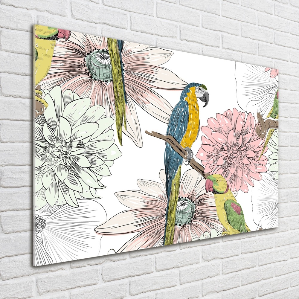 Tableau photo sur verre Perroquets et fleurs