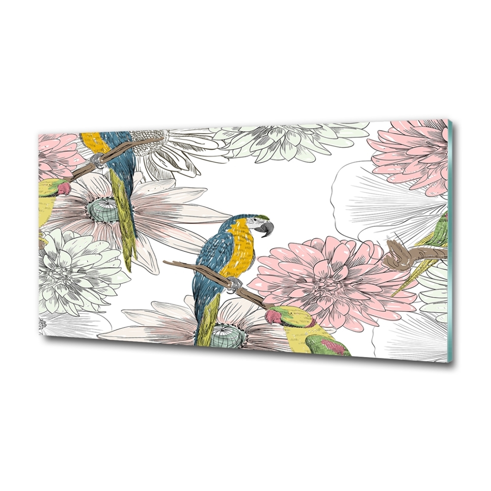 Tableau photo sur verre Perroquets et fleurs