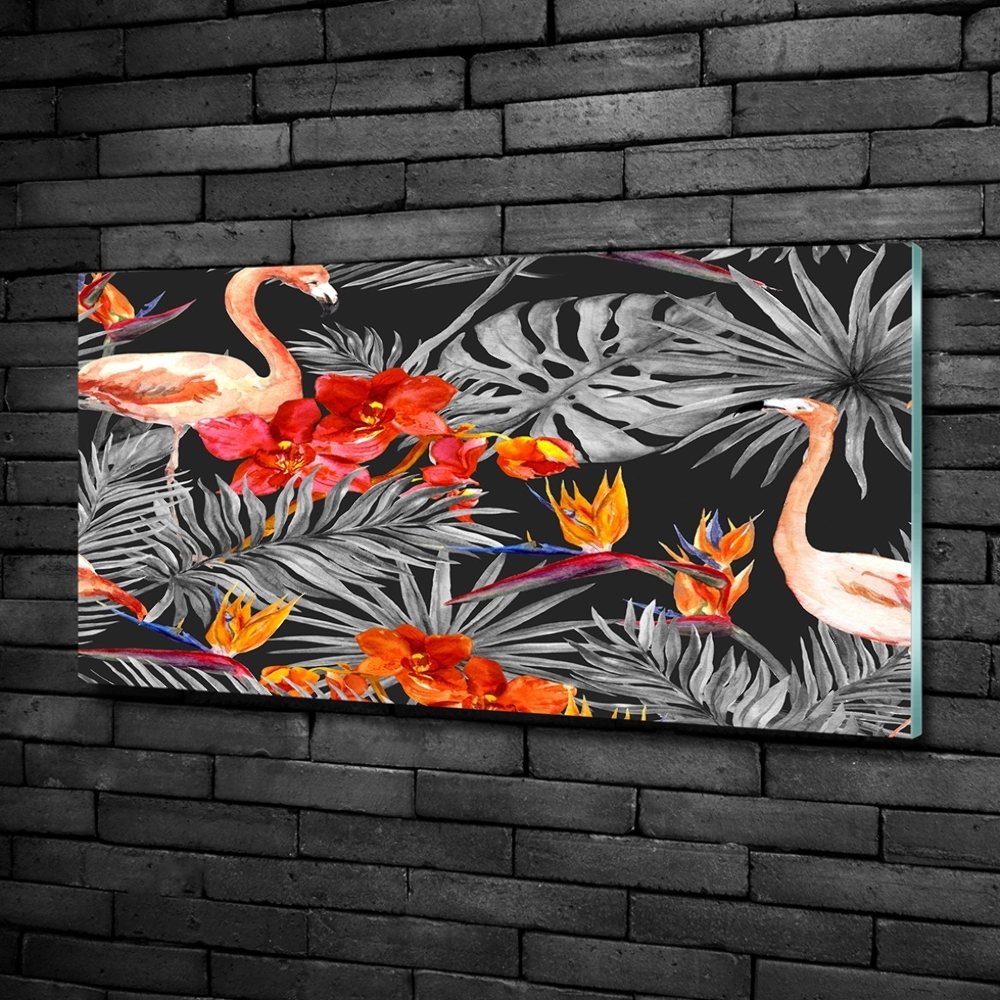 Tableau photo sur verre Flamants et fleurs