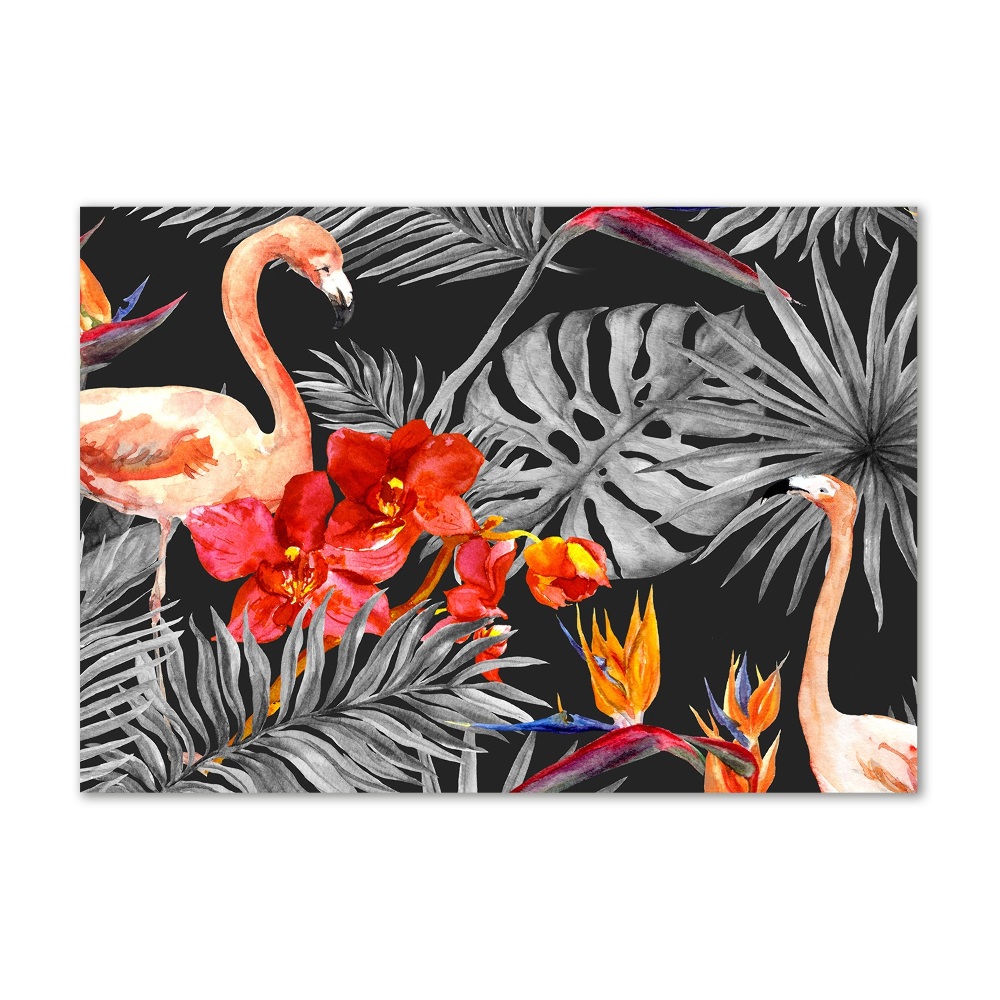 Tableau photo sur verre Flamants et fleurs