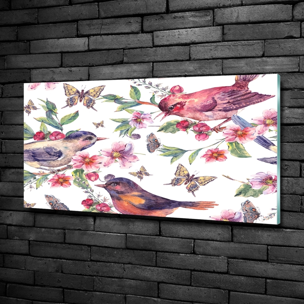 Tableau photo sur verre Oiseaux et papillons de fleurs de cerisier