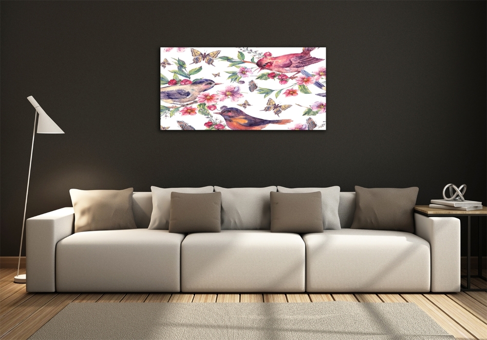 Tableau photo sur verre Oiseaux et papillons de fleurs de cerisier