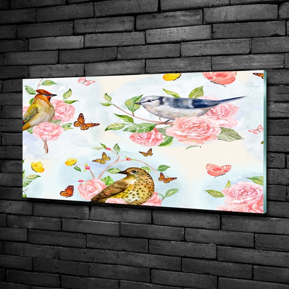 Tableau en verre Oiseaux et roses