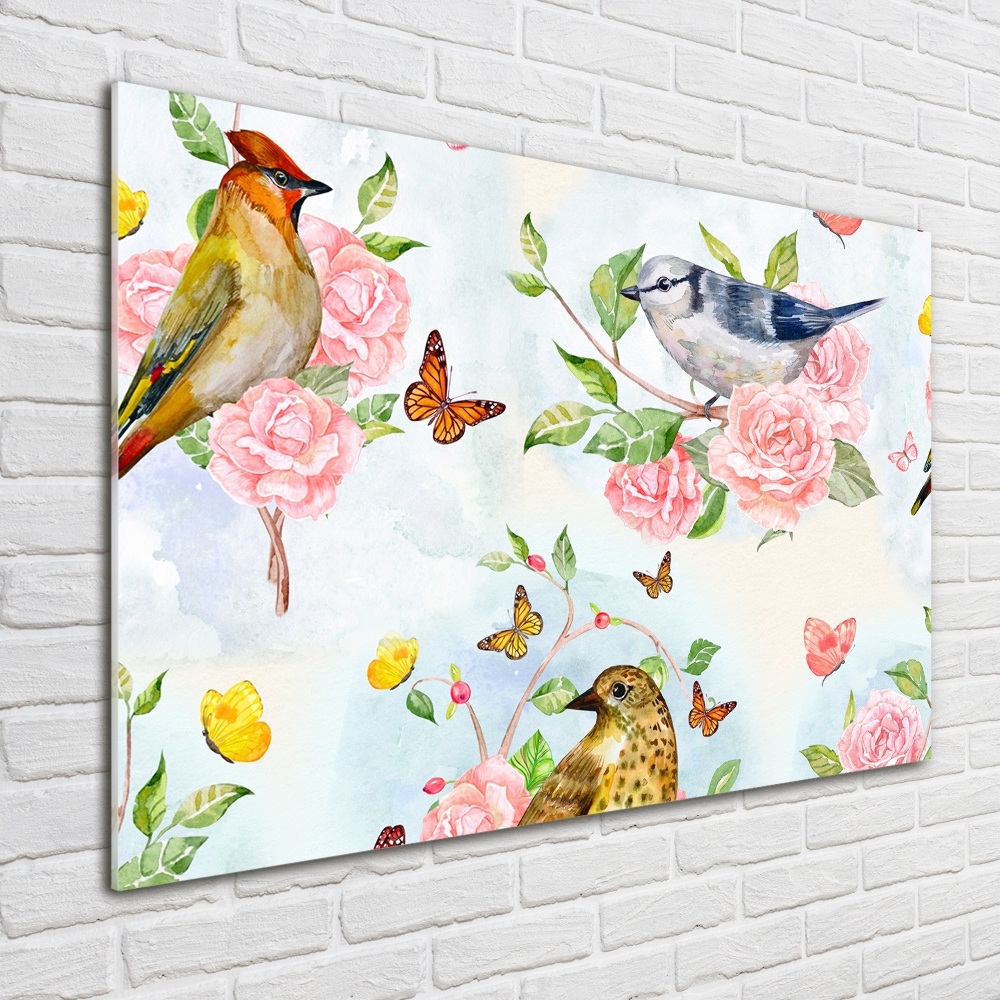 Tableau en verre Oiseaux et roses