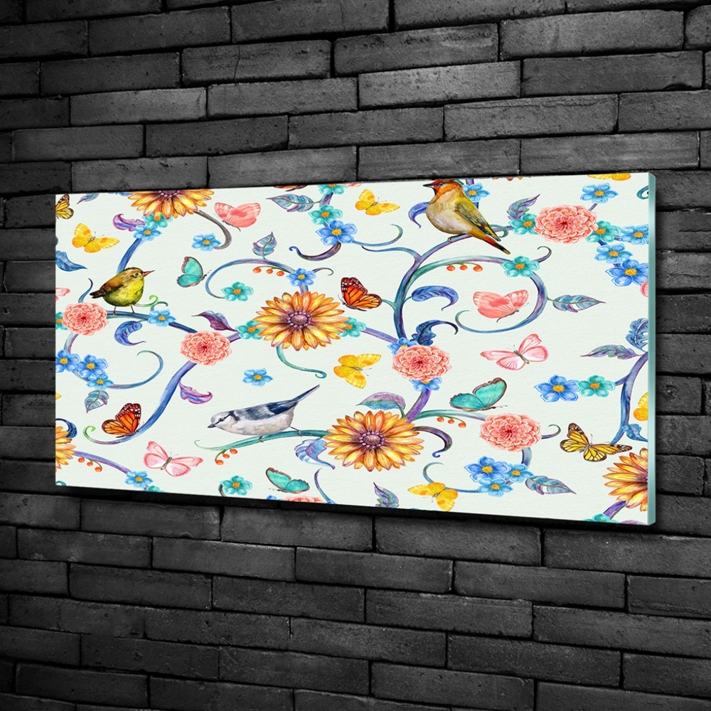 Tableau imprimé sur verre Fleurs et oiseaux