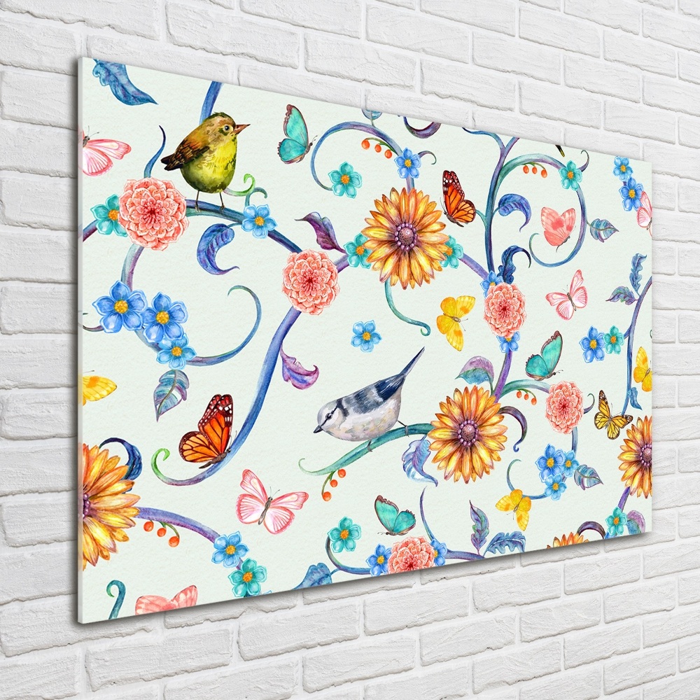 Tableau imprimé sur verre Fleurs et oiseaux