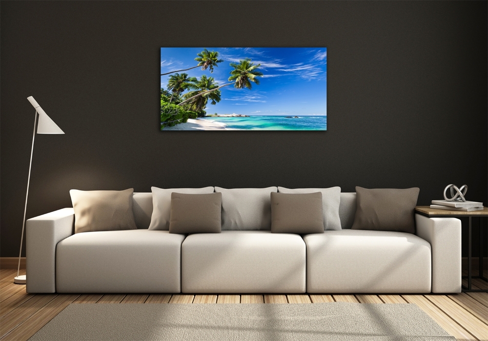 Tableau sur verre Plage tropicale palmiers ciel