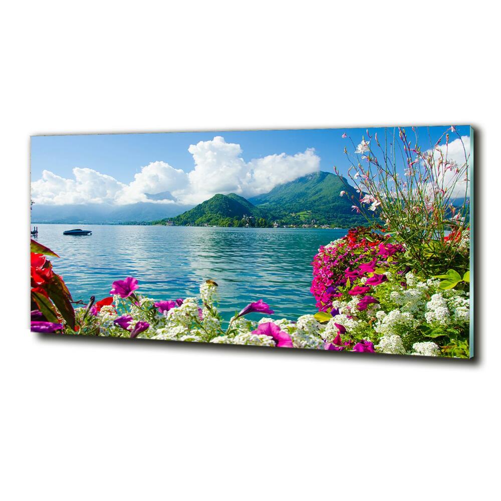 Tableau photo sur verre Fleurs au bord du lac