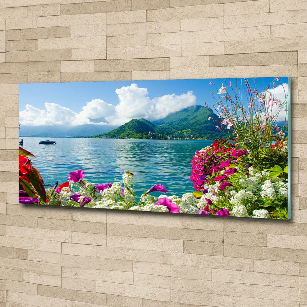 Tableau photo sur verre Fleurs au bord du lac