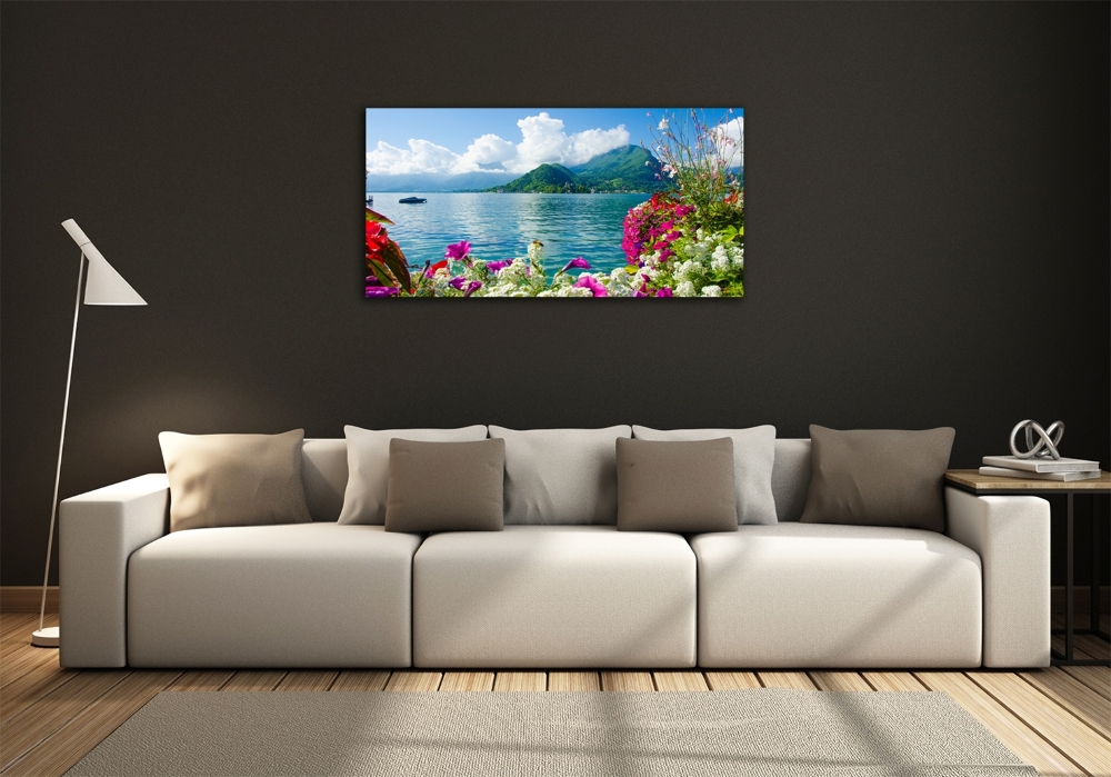 Tableau photo sur verre Fleurs au bord du lac