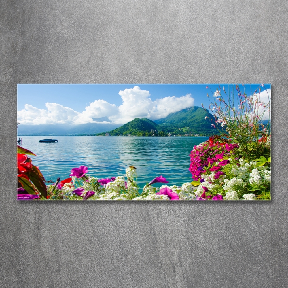 Tableau photo sur verre Fleurs au bord du lac