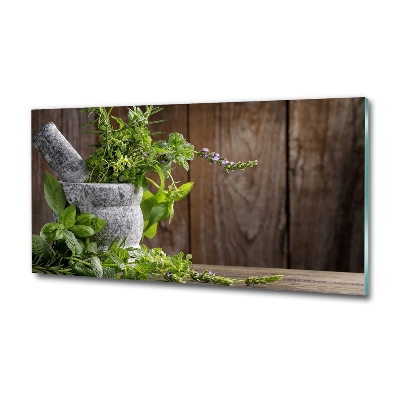 Tableau sur verre Herbes dans un mortier