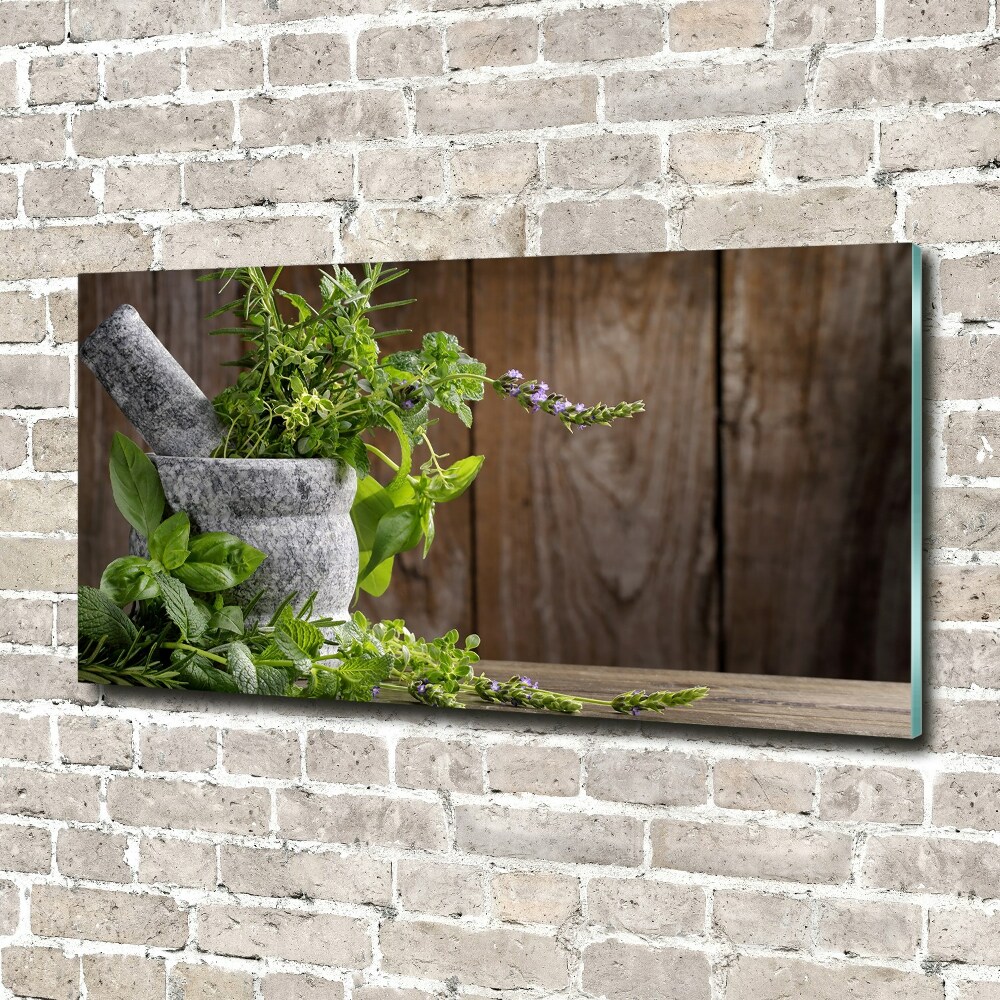 Tableau sur verre Herbes dans un mortier