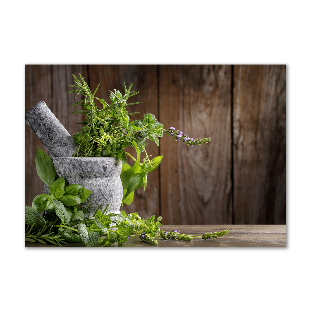 Tableau sur verre Herbes dans un mortier