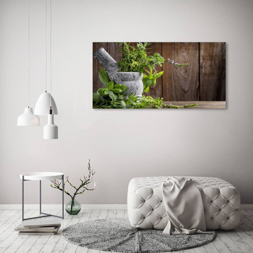 Tableau sur verre Herbes dans un mortier