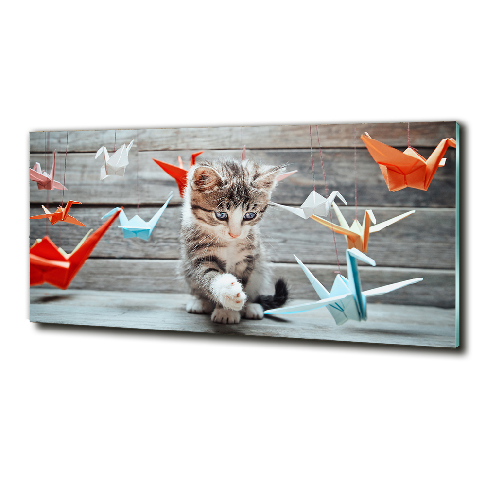 Tableau sur verre Chat oiseau de papier