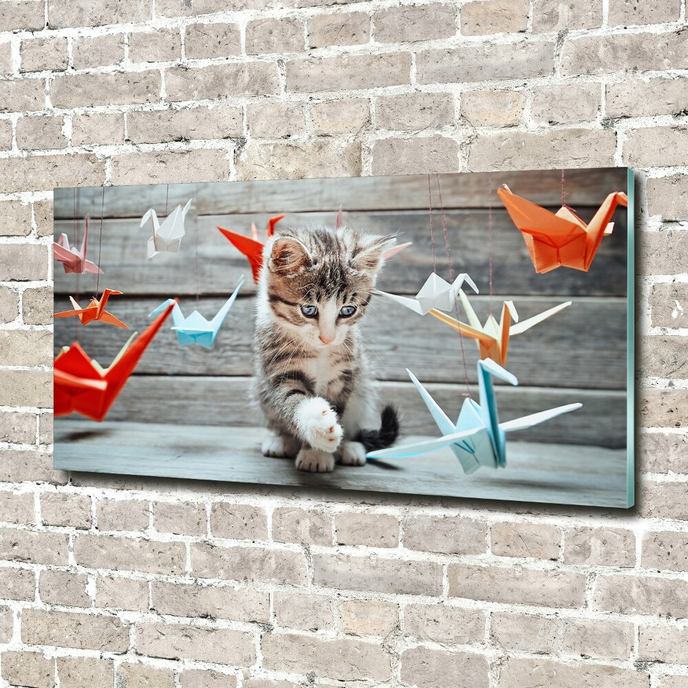 Tableau sur verre Chat oiseau de papier