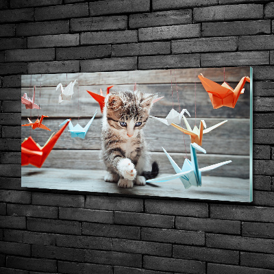 Tableau sur verre Chat oiseau de papier