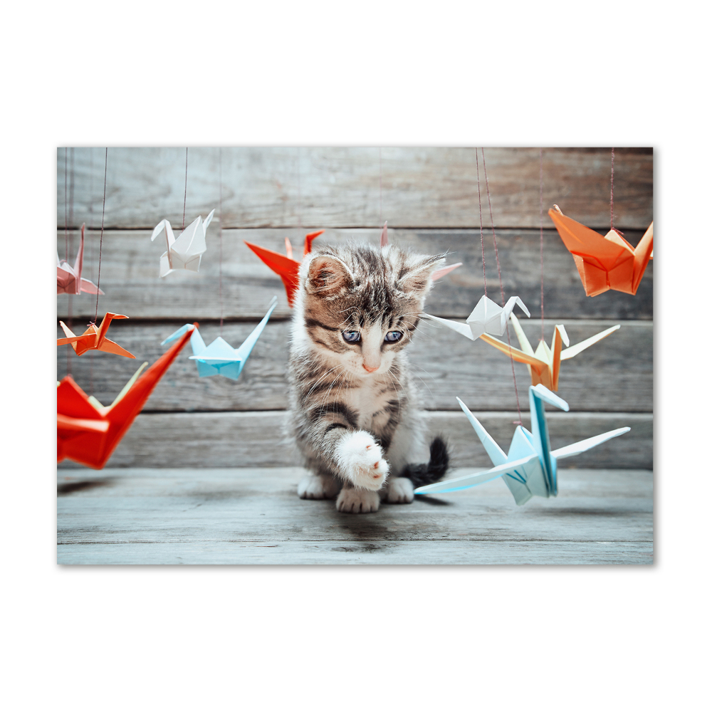 Tableau sur verre Chat oiseau de papier