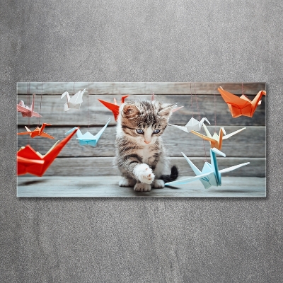 Tableau sur verre Chat oiseau de papier