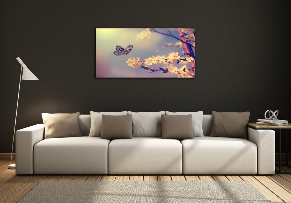 Tableau photo sur verre Fleur de cerisier et papillon