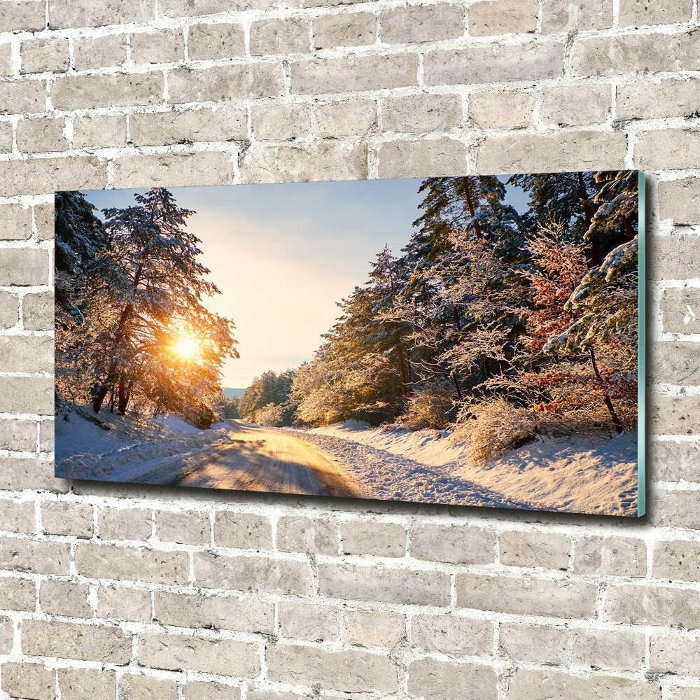 Tableau en verre Route dans la forêt en hiver