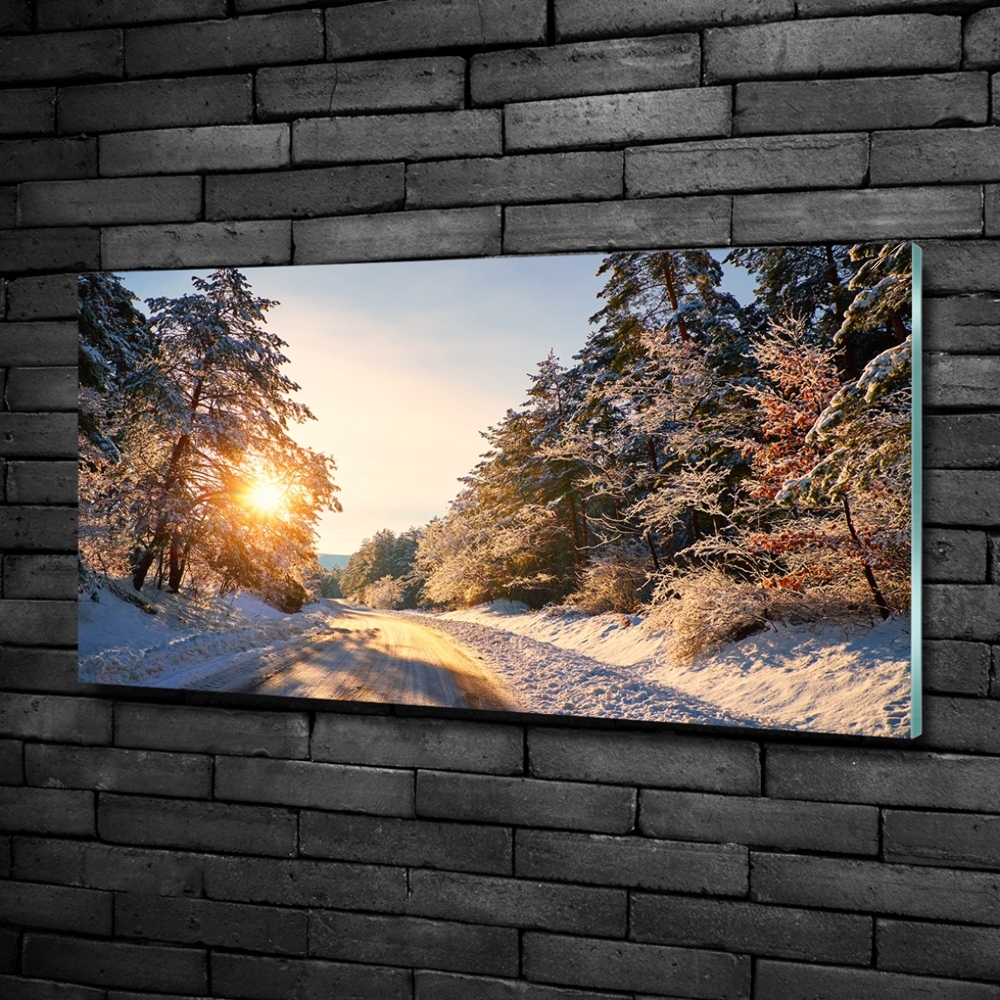 Tableau en verre Route dans la forêt en hiver