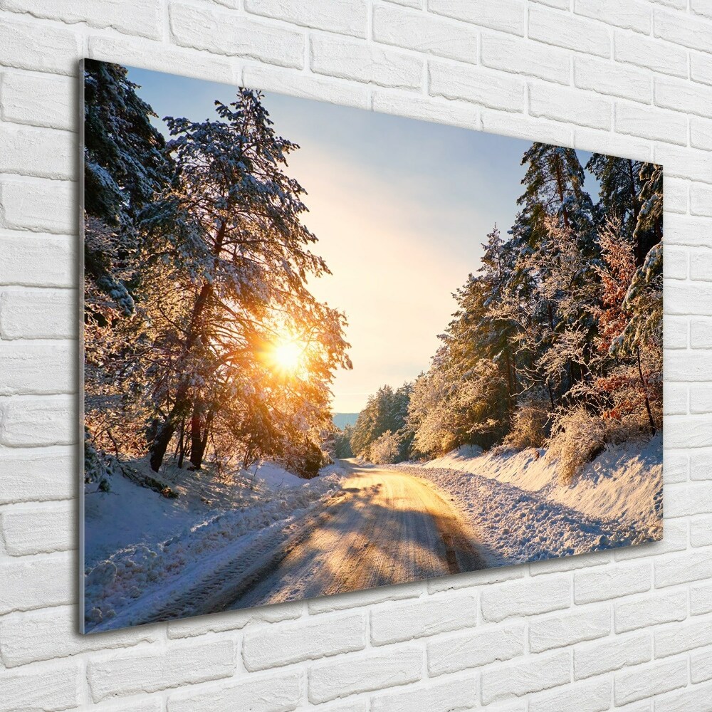 Tableau en verre Route dans la forêt en hiver