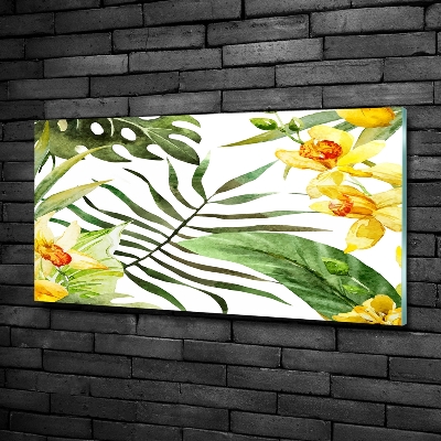 Tableau imprimé sur verre Fleurs et feuilles exotiques