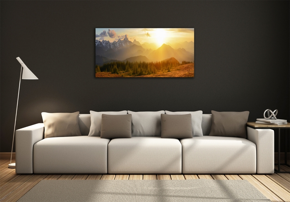 Tableau sur verre Coucher de soleil sur les montagnes