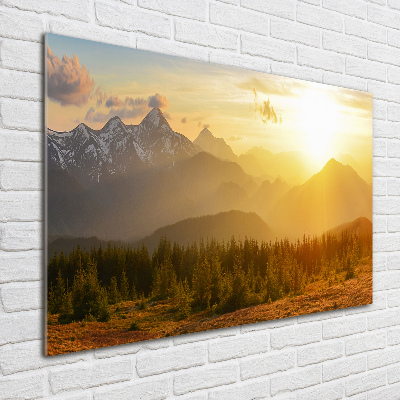 Tableau sur verre Coucher de soleil sur les montagnes