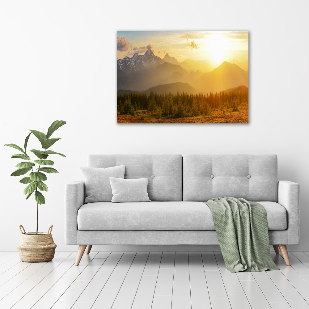 Tableau sur verre Coucher de soleil sur les montagnes