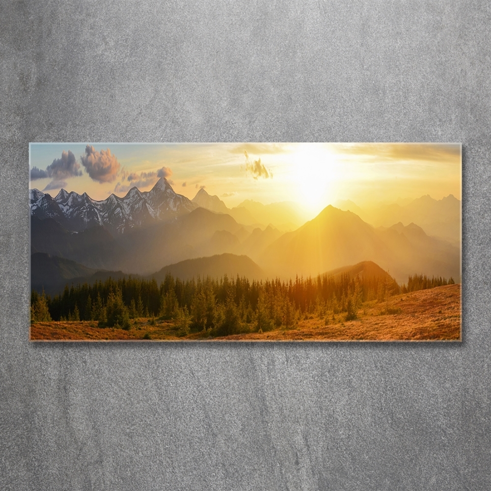 Tableau sur verre Coucher de soleil sur les montagnes