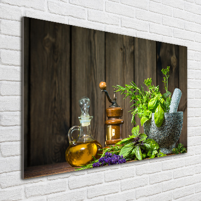 Tableau imprimé sur verre Herbes dans un mortier