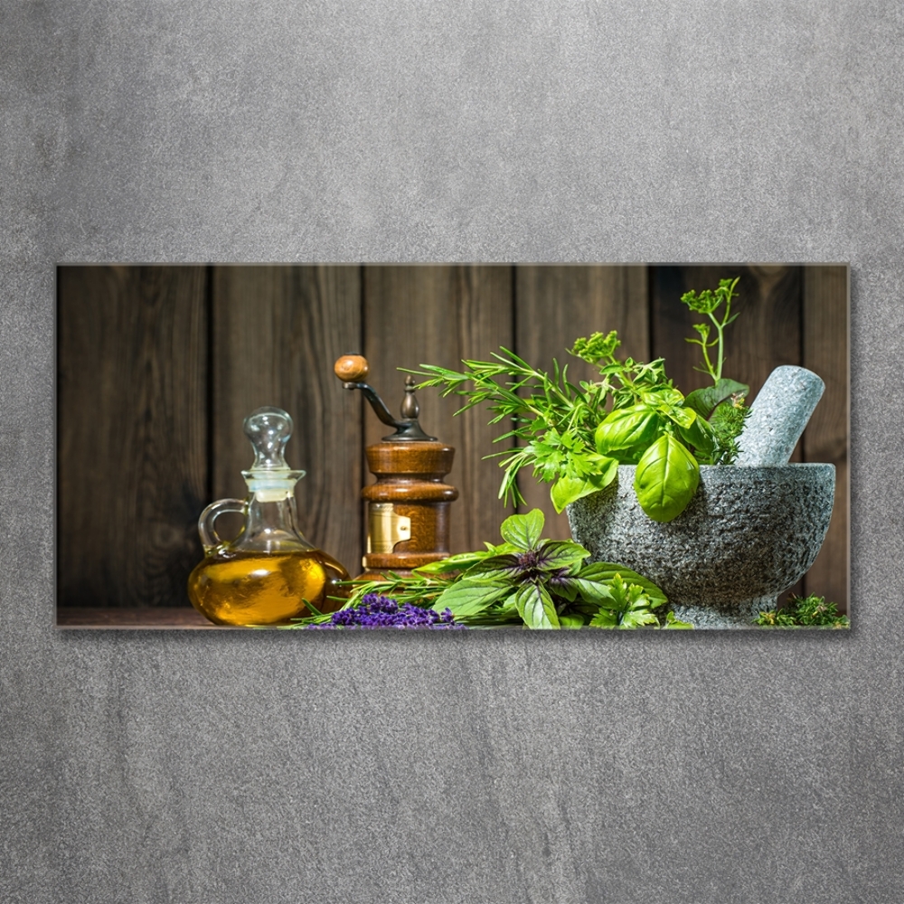 Tableau imprimé sur verre Herbes dans un mortier