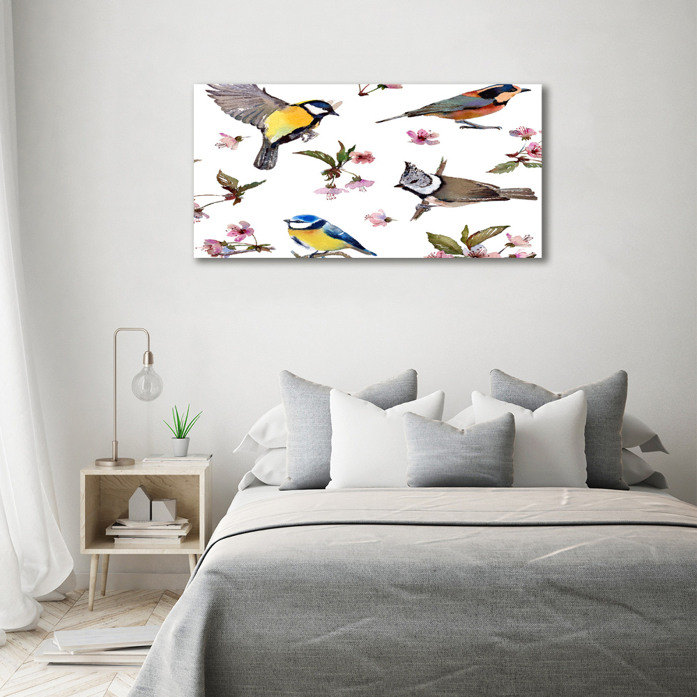 Tableau imprimé sur verre Oiseaux et fleurs de cerisier