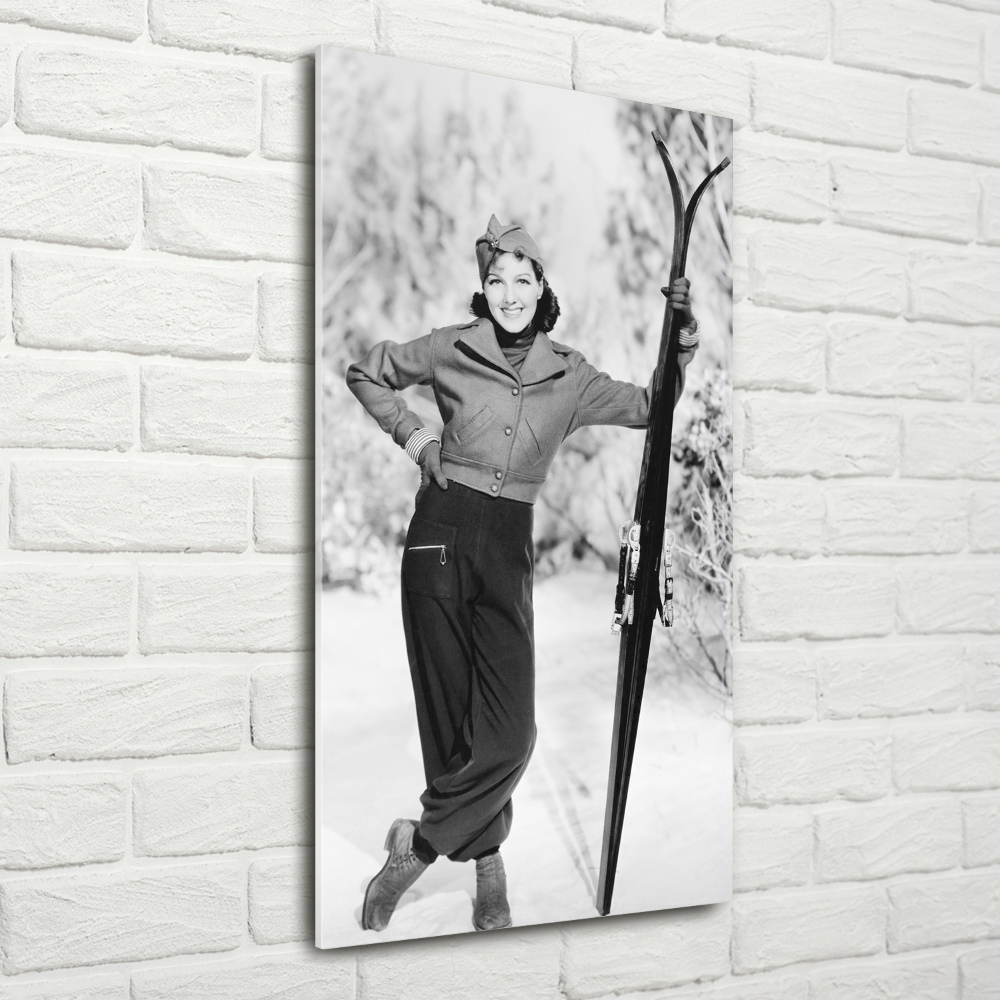 Tableau en verre Femme avec des skis