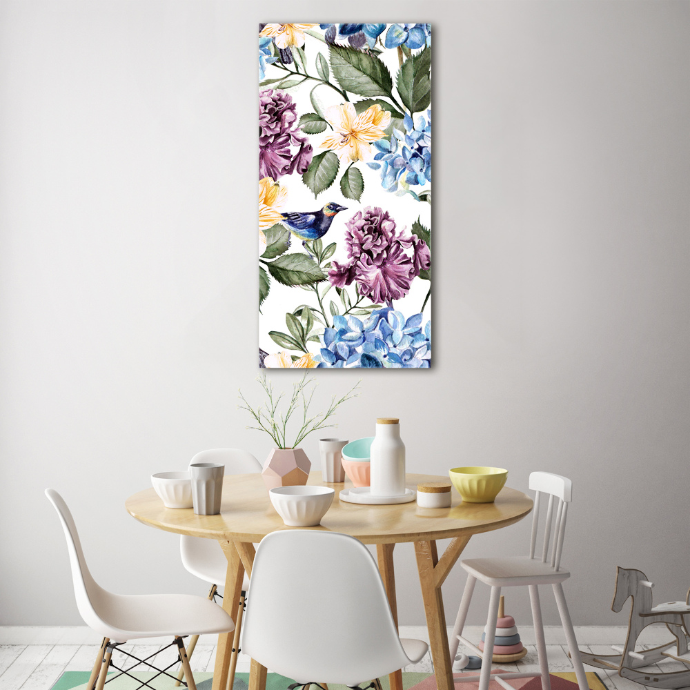 Tableau en verre Fleurs et oiseaux