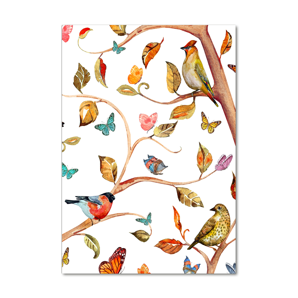 Tableau photo sur verre Oiseaux papillons feuilles