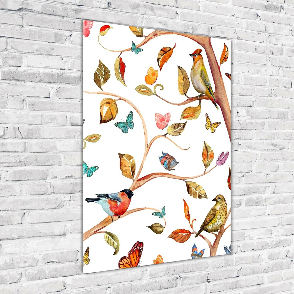 Tableau photo sur verre Oiseaux papillons feuilles