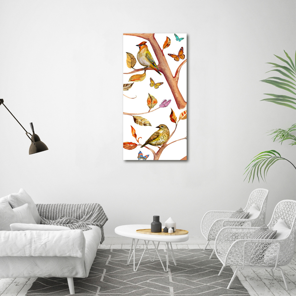 Tableau photo sur verre Oiseaux papillons feuilles