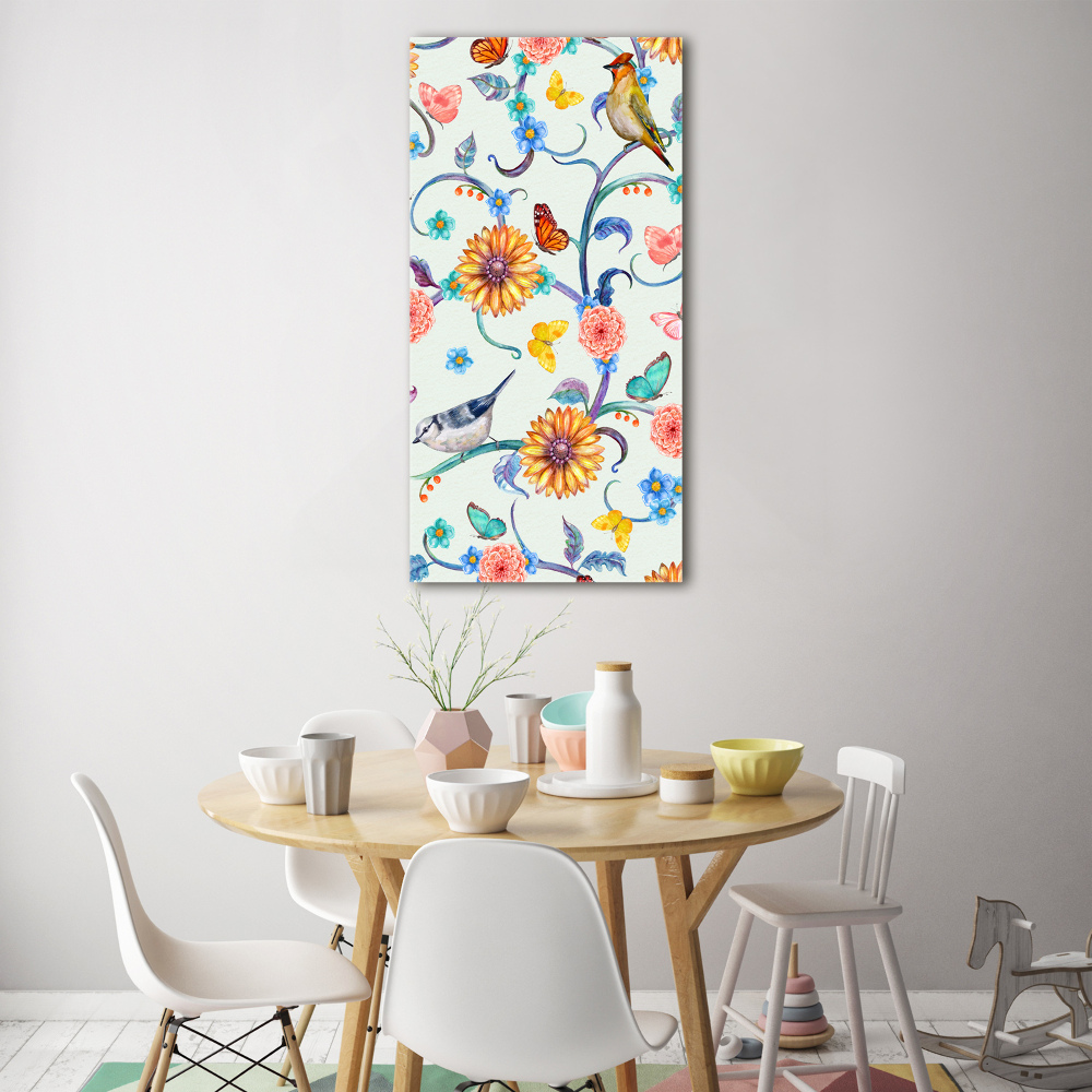 Tableau sur verre Oiseaux papillons fleurs