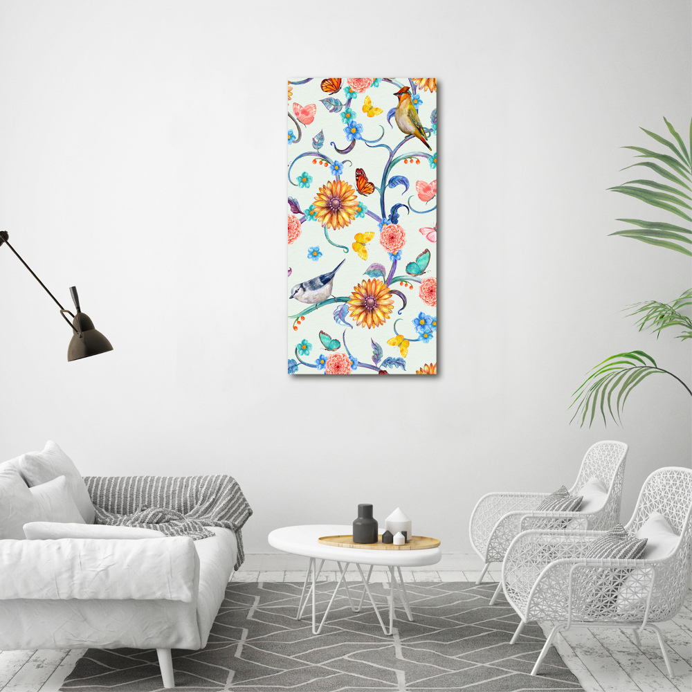 Tableau sur verre Oiseaux papillons fleurs