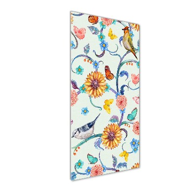 Tableau sur verre Oiseaux papillons fleurs