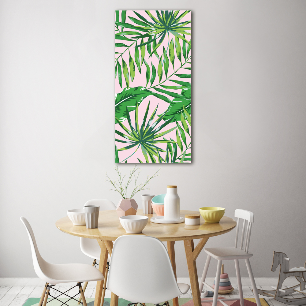 Tableau sur verre Feuilles tropicales fond rose